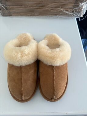 Chestnut Shearling Lined Suede Clog Slippers